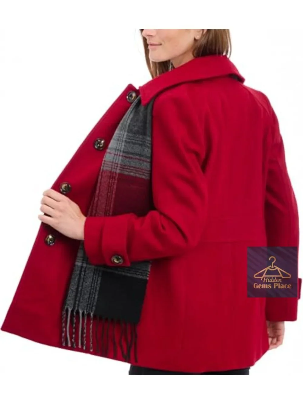 Wool Blend Peacoat with Scarf, Button Front, Long Sleeve, Seamed Pockets,